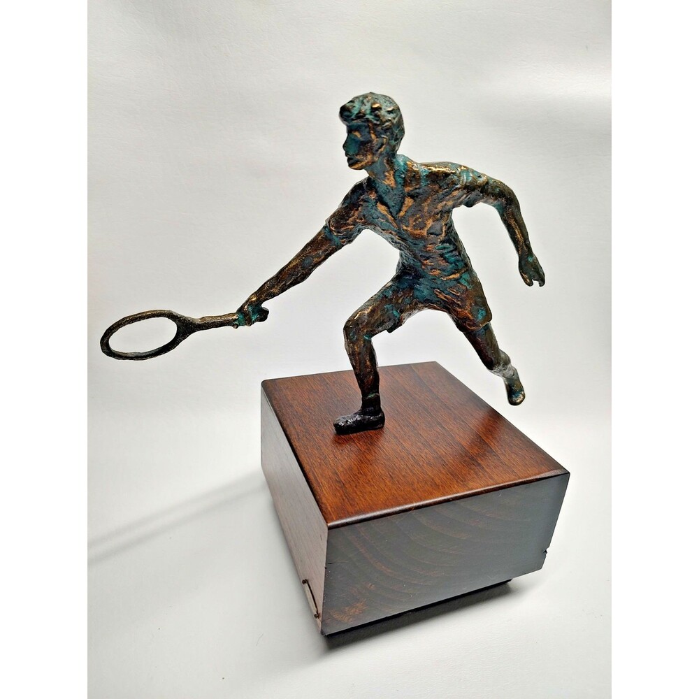 Vintage Curtis Jere Bronze Tennis Player Sculpture Figurine on Walnut Base 10" T